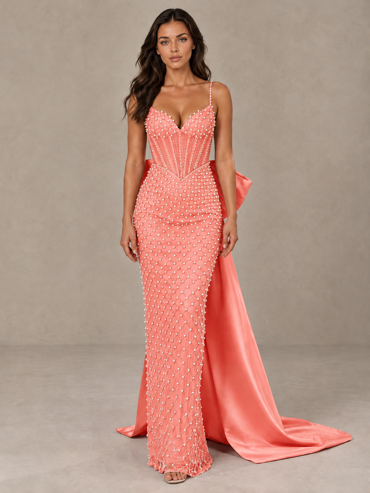 BOLODOO Coral Beaded Corset Prom Dress with Bow Train - Coral - Coral_1