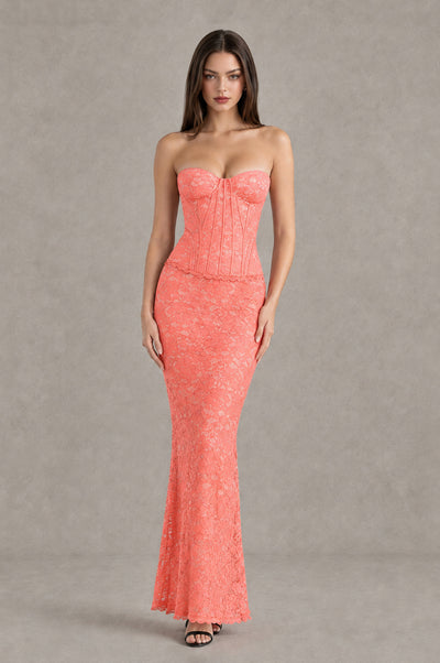 BOLODOO Coral Strapless Lace Corset Wedding Guest Dress - Coral - Coral_1