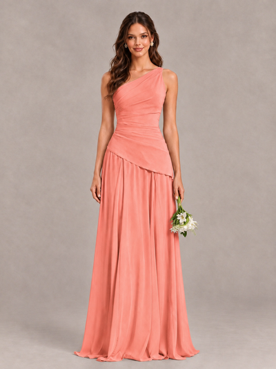 BOLODOO Coral One-Shoulder Lace-Up Back Bridesmaid Dress - Coral - Coral_1