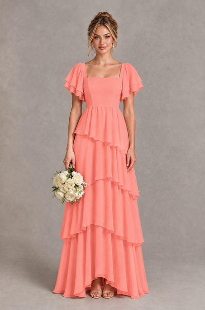 BOLODOO Coral Square Neck Flutter Sleeve Tiered Chiffon Bridesmaid Dress with Lace-Up Back - Coral - Coral_1