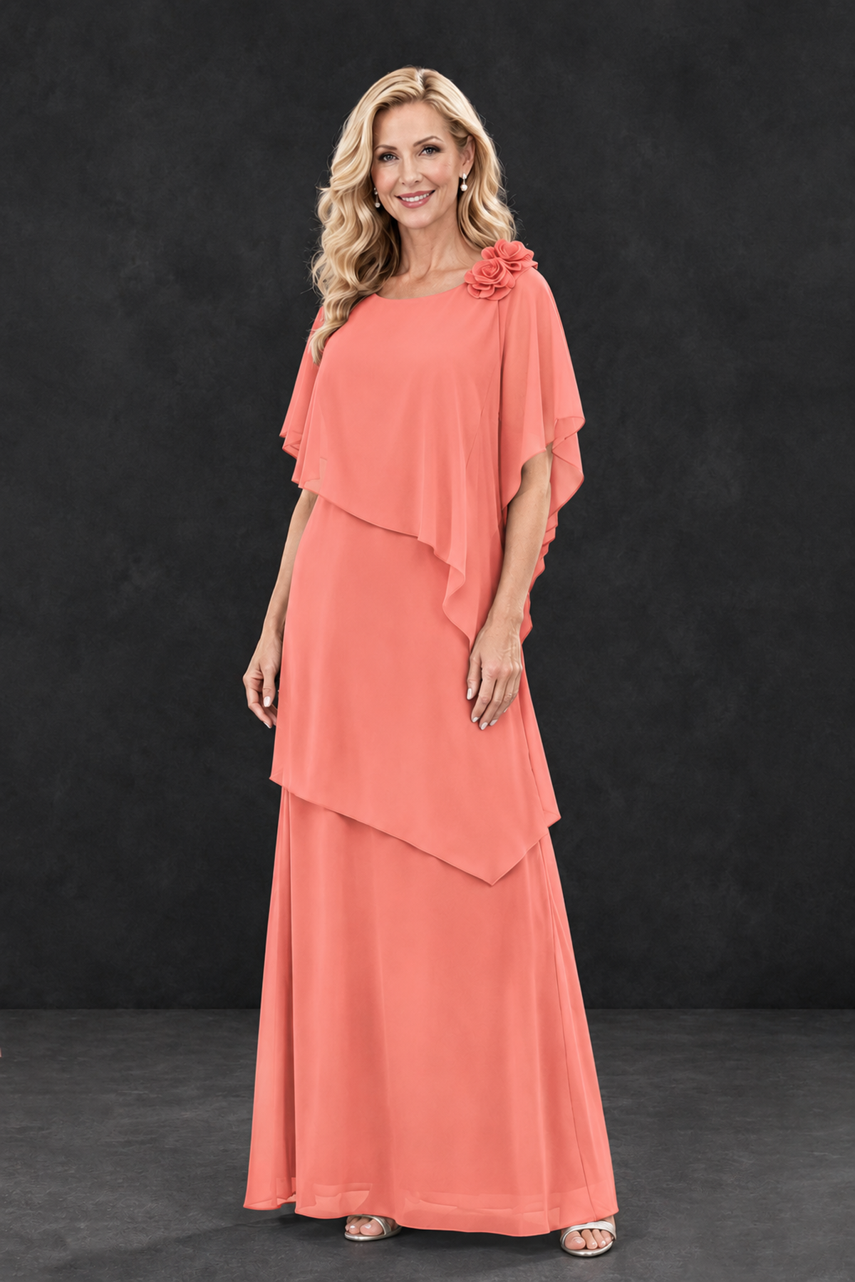 BOLODOO Coral Tiered Flutter Sleeve Mother of the Bride Maxi Dress - Coral - Coral_1