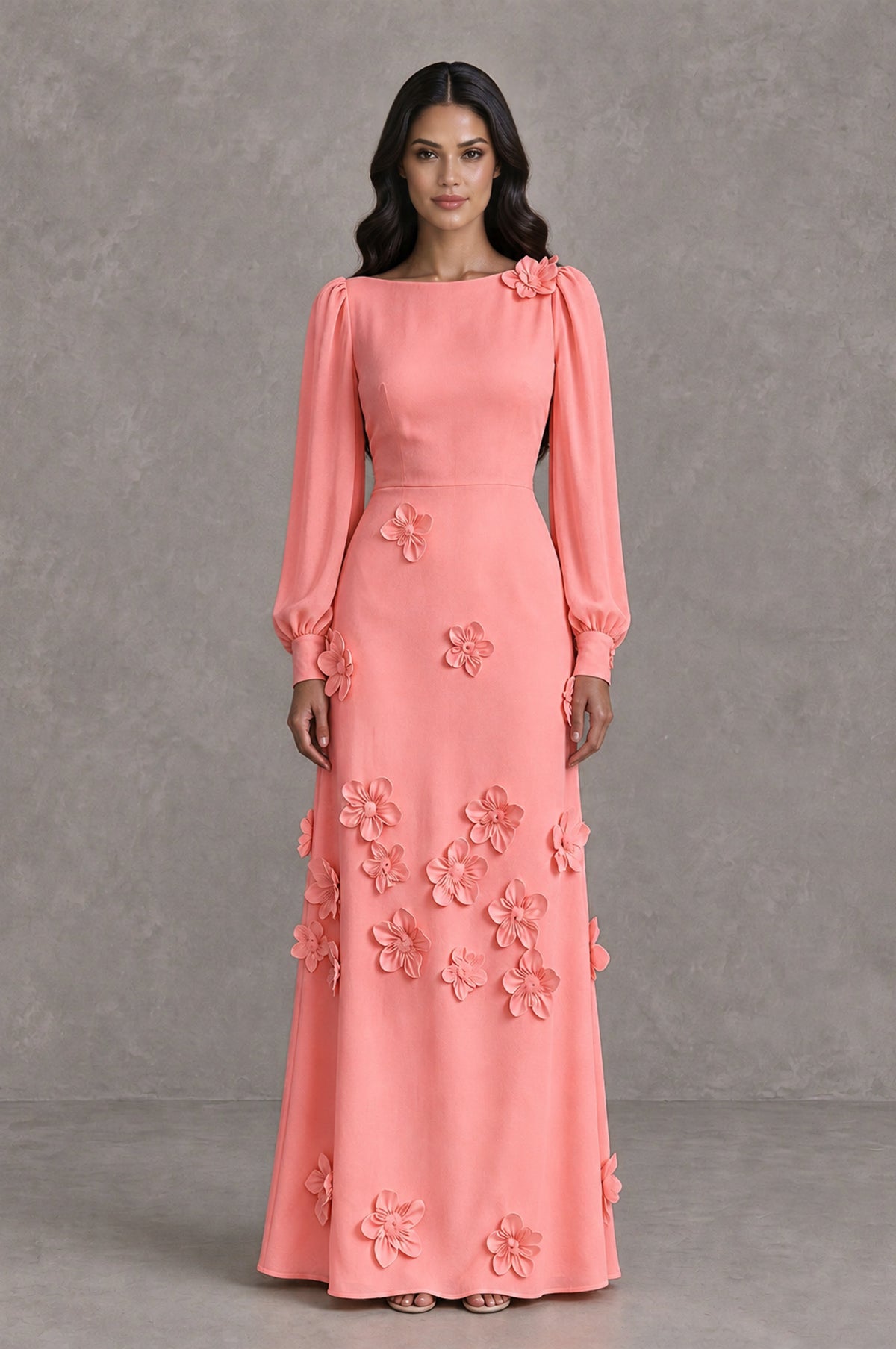 BOLODOO Coral Long Sleeve Floral Applique A-Line Evening Dress - Coral - Coral_1