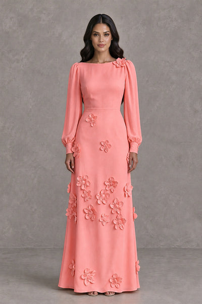 BOLODOO Coral Long Sleeve Floral Applique A-Line Evening Dress - Coral - Coral_1