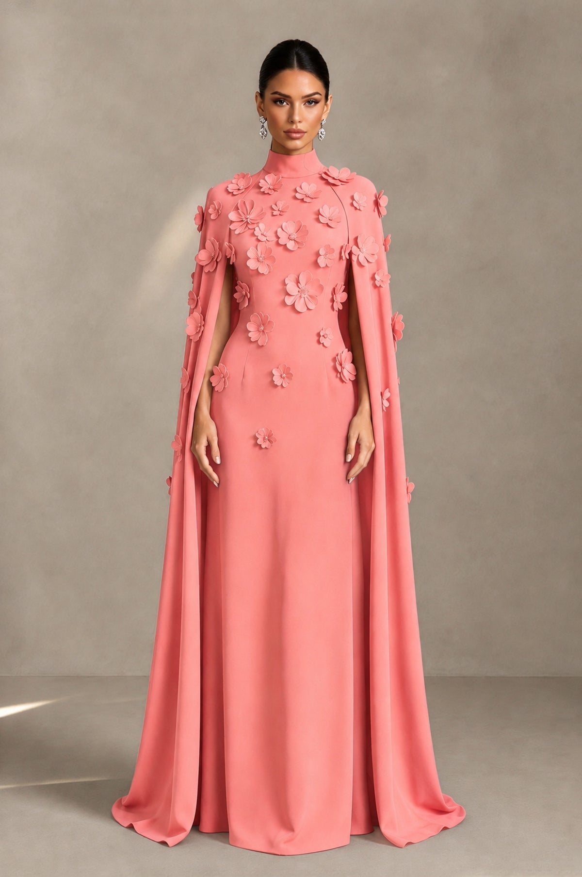 BOLODOO Coral 3D Floral Applique Cape Formal Dress - Coral - Coral_1