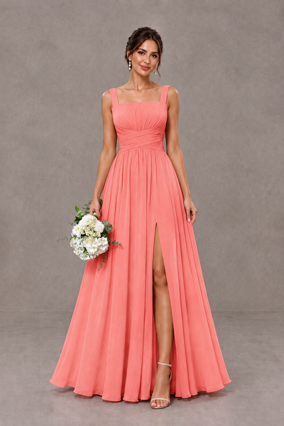 BOLODOO Coral Square Neck A-Line Bridesmaid Dress with Slit - Coral - Coral_1