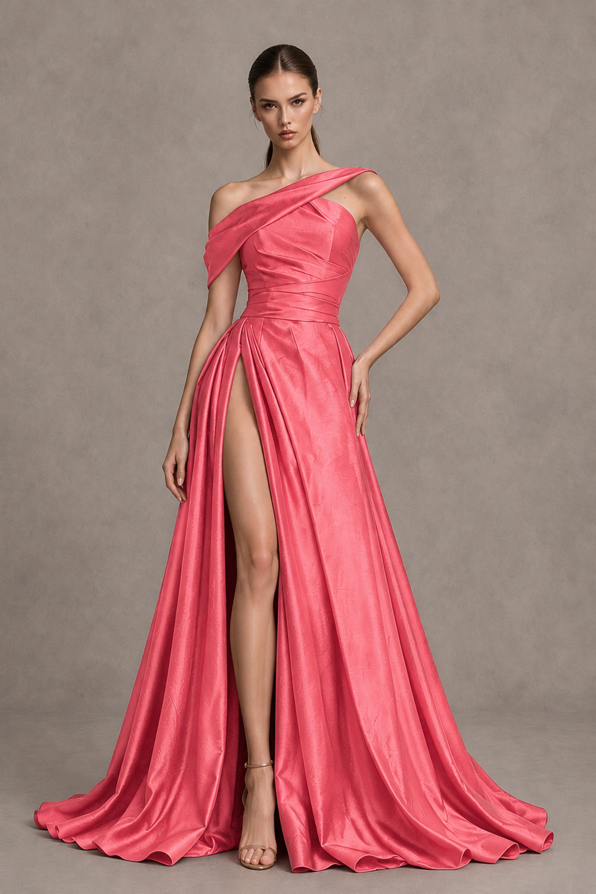 BOLODOO Coral Asymmetric Satin-Look A-Line Prom Dress with High Slit - Coral - Coral_1