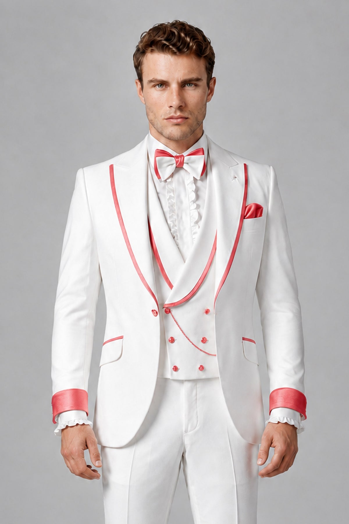 Bolodoo Men's White and Coral Three-Piece Wedding Tuxedo Suit - Coral - Coral_1