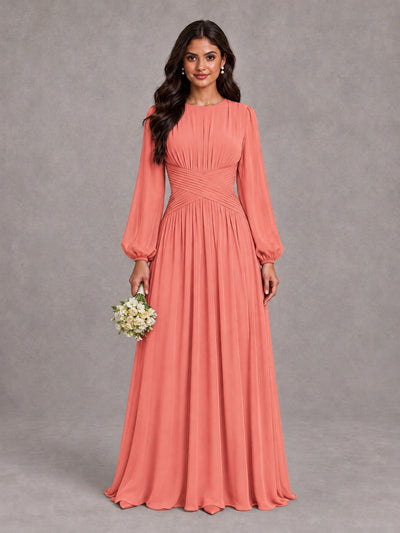 BOLODOO Coral Long Sleeve A-Line Bridesmaid Dress - Coral - Coral_1