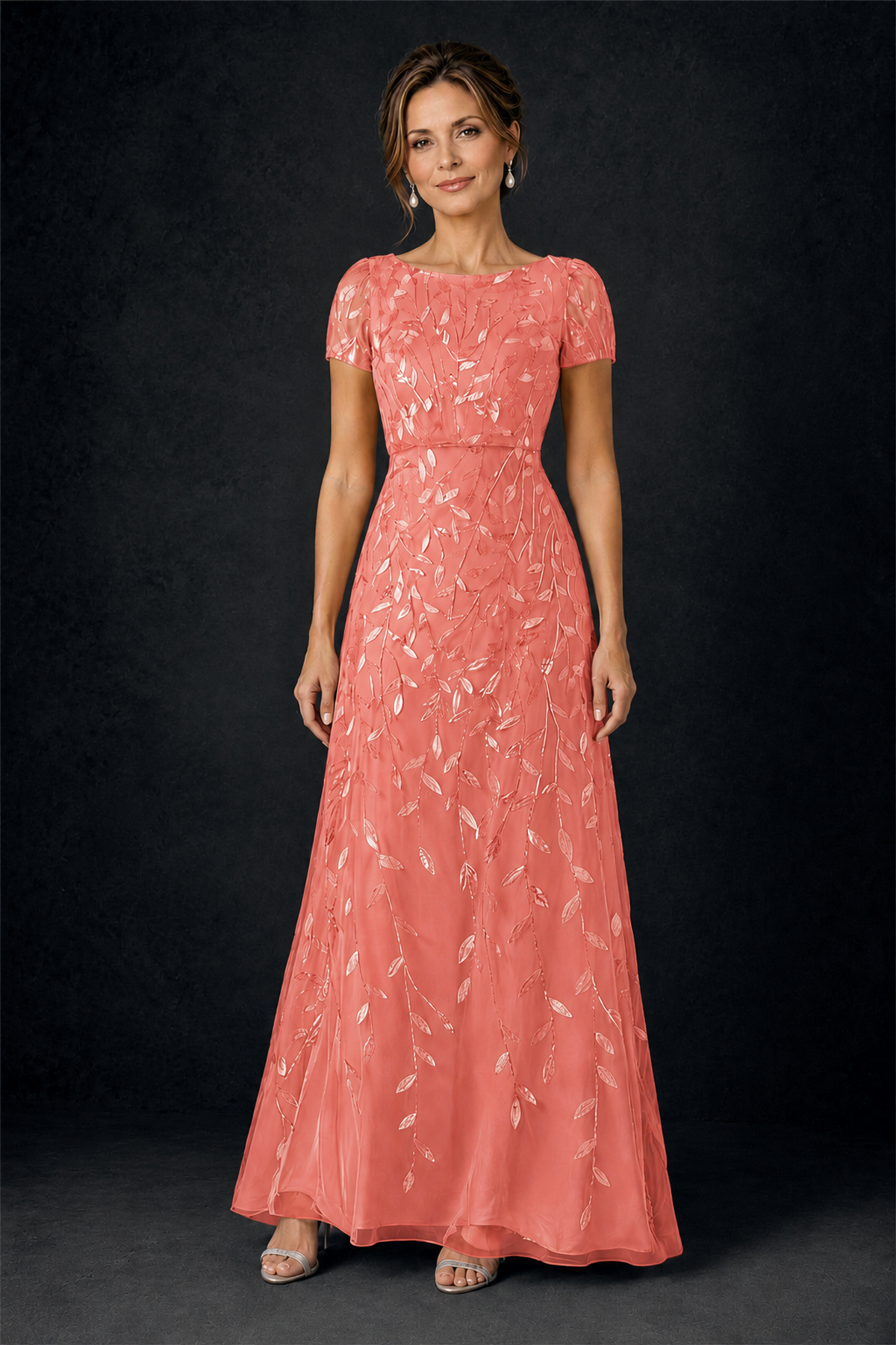 BOLODOO Coral Leaf Embroidered A-Line Formal Gown with Cap Sleeves - Coral - Coral_1
