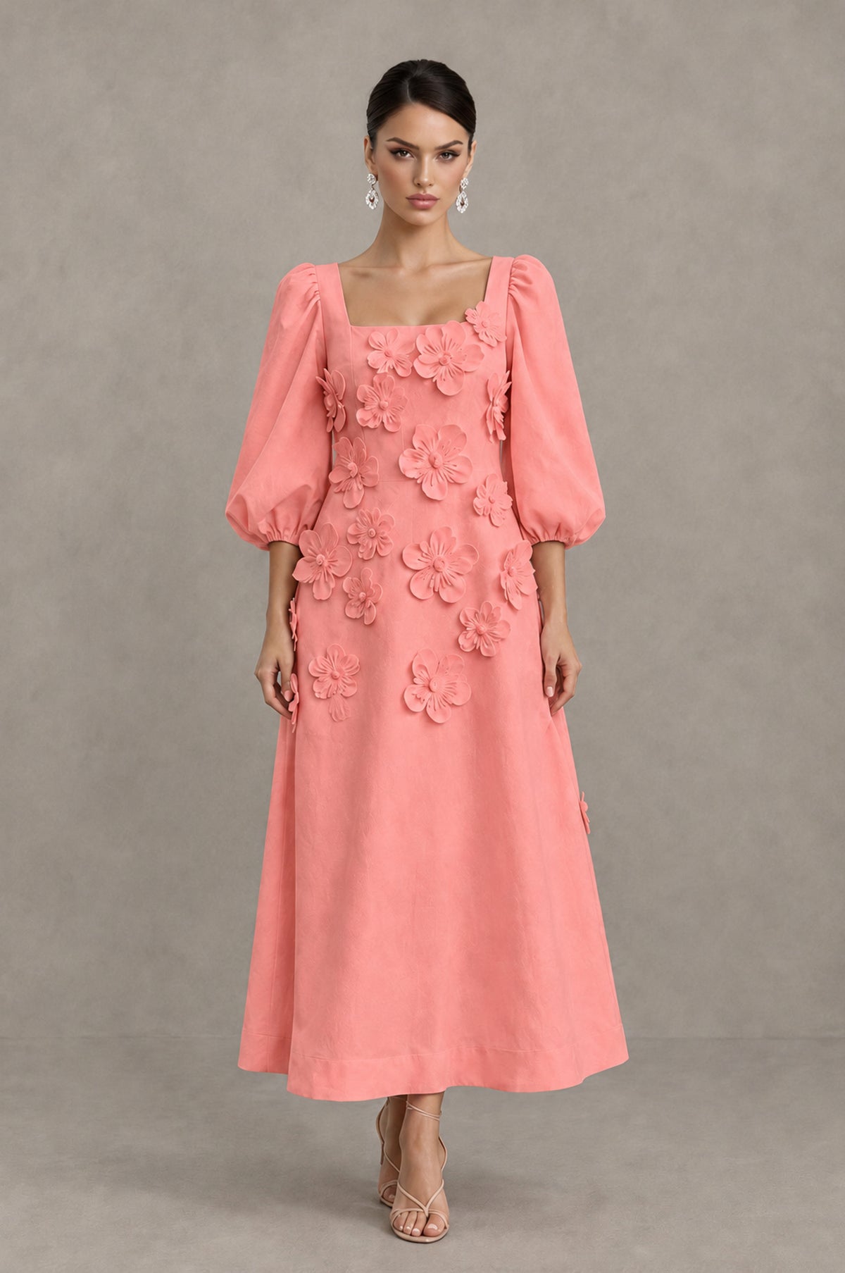 BOLODOO Coral 3D Floral Puff Sleeve Midi Cocktail Dress - Coral - Coral_1