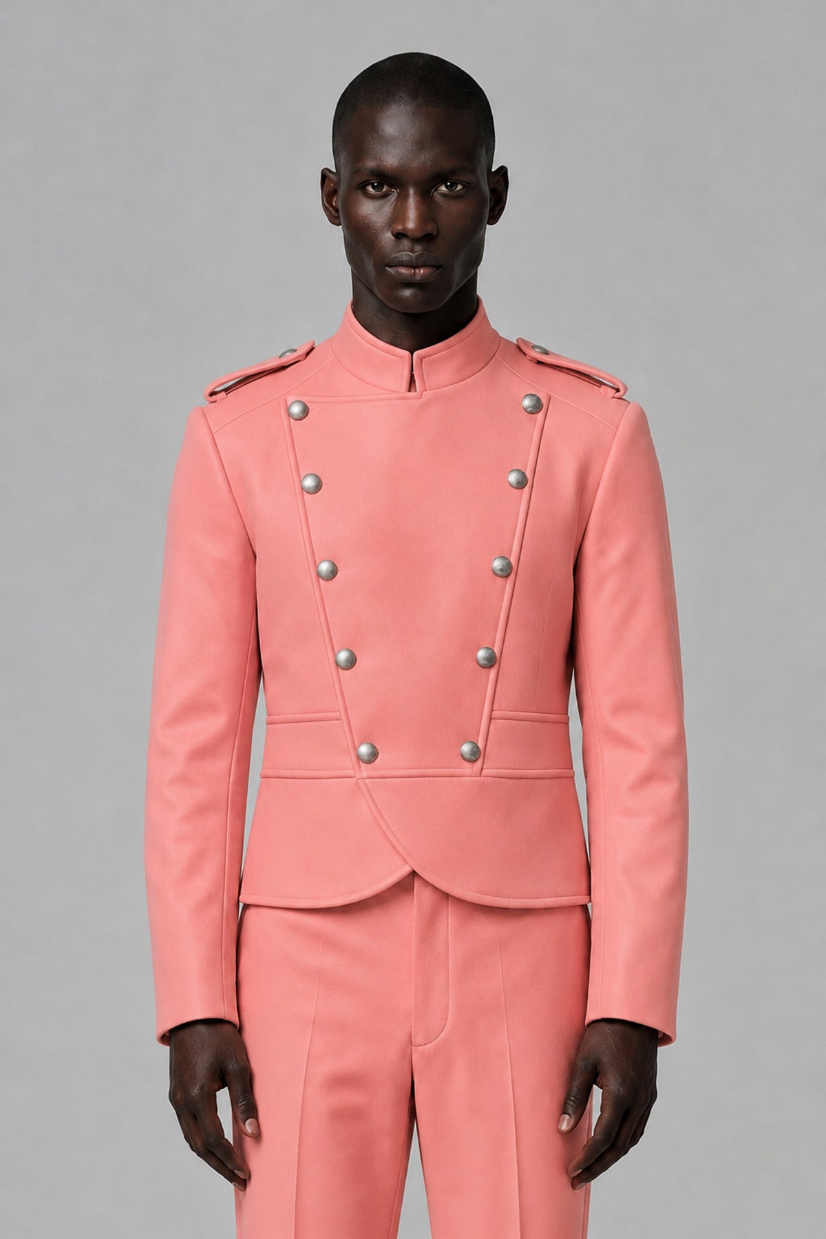 Bolodoo Men's Coral Military-Inspired Two-Piece Suit with Stand Collar - Coral - Coral_1