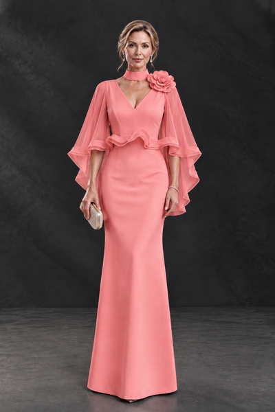 BOLODOO Coral Floral Cape Sleeve Mother of the Bride Dress - Coral - Coral_1