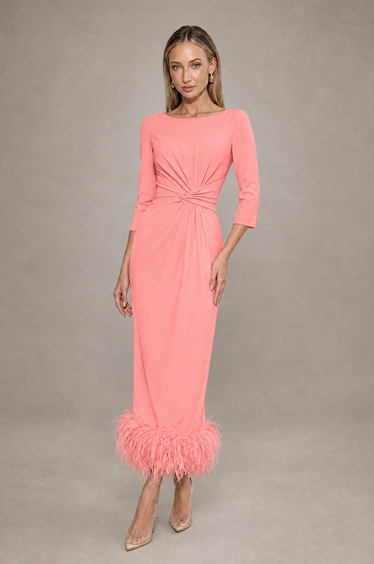 BOLODOO Coral Feather-Trim Twist-Waist Midi Dress - Coral - Coral_1