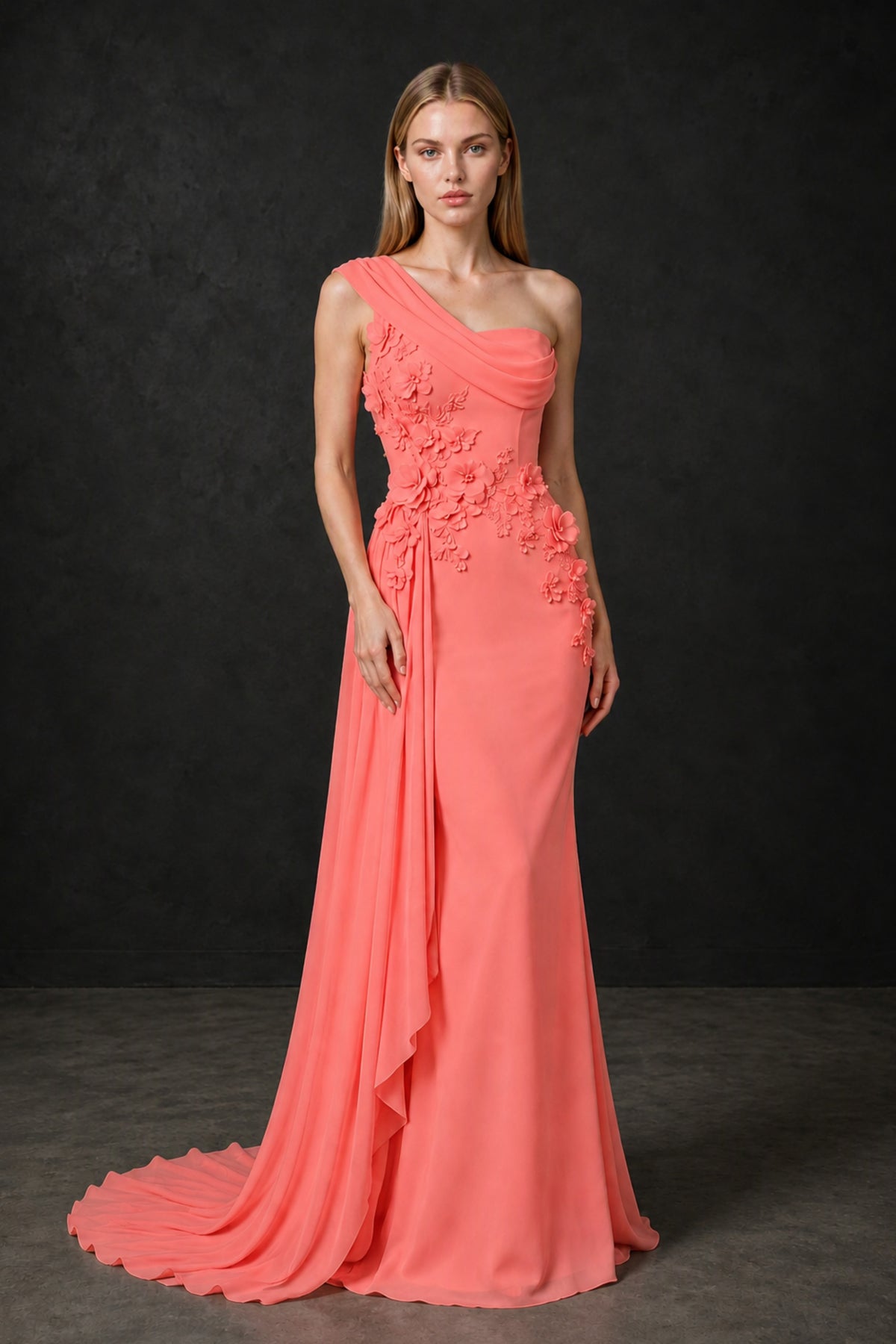 BOLODOO Coral One-Shoulder 3D Floral Appliqué Chiffon Gown with Open Back - Coral