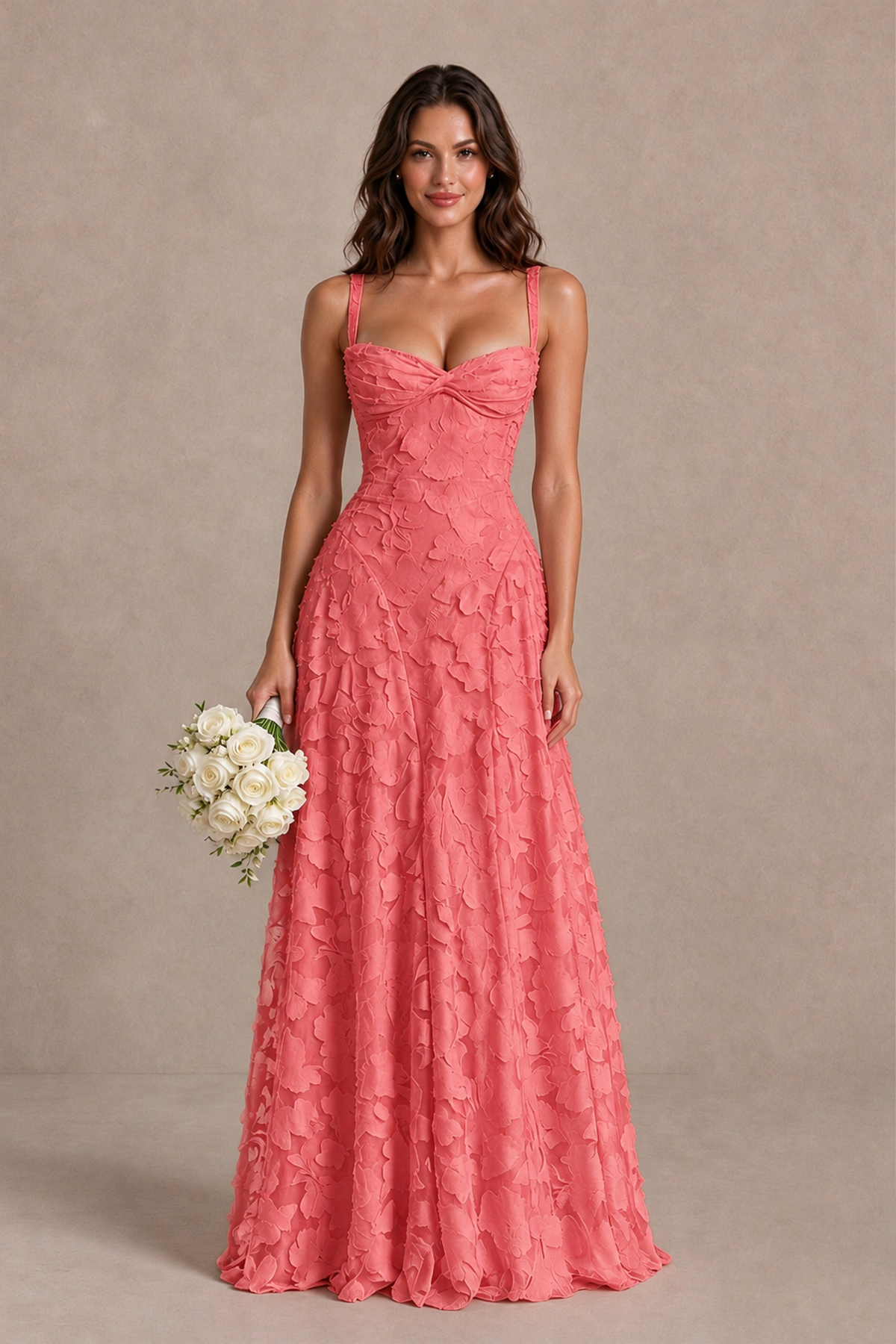 BOLODOO Coral Floral-Textured A-Line Dress with Lace-Up Back - Coral - Coral_1