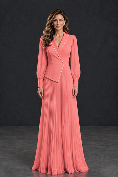 BOLODOO Coral Long Sleeve Pleated Mother of the Bride Dress - Coral - Coral_1