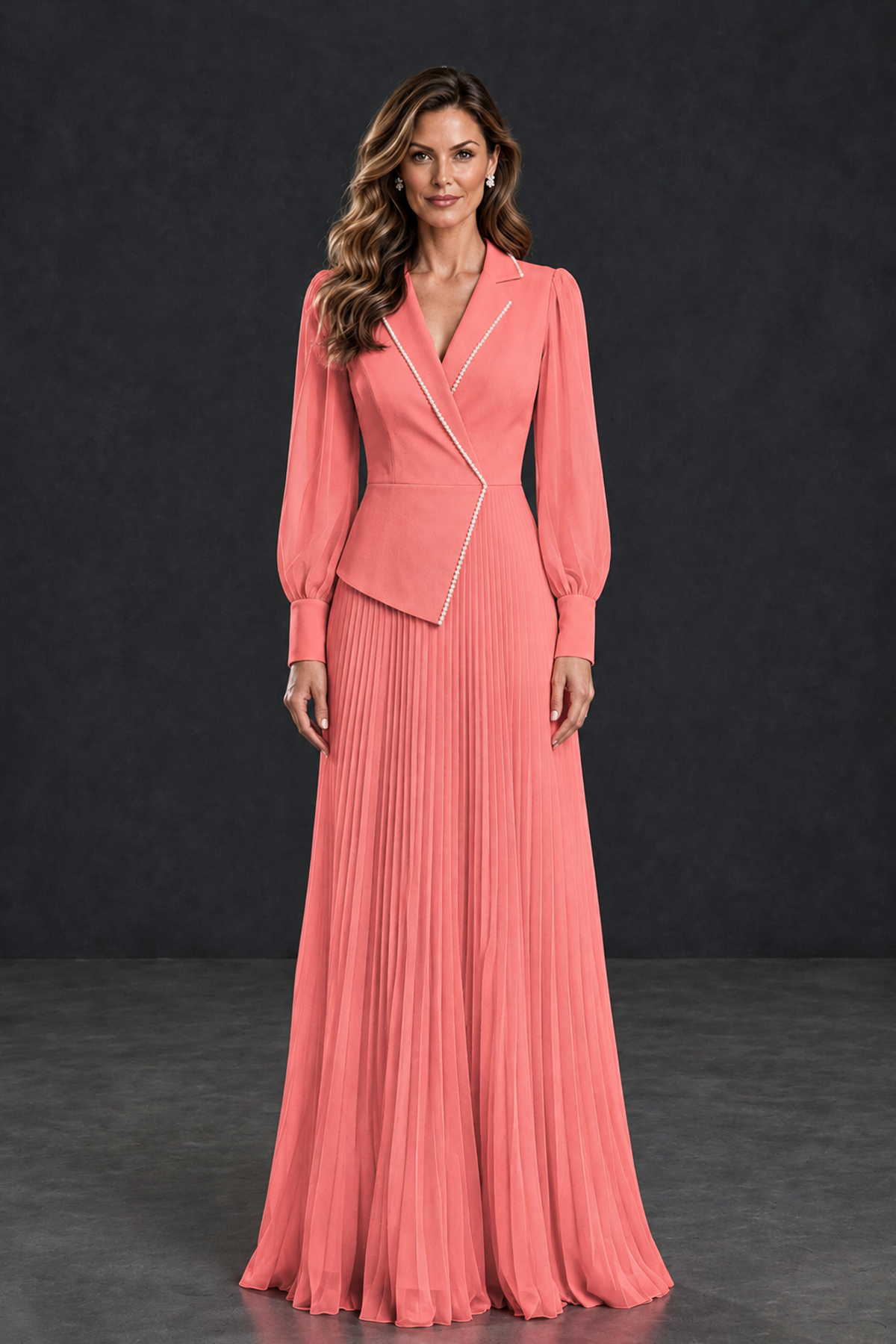 BOLODOO Coral Long Sleeve Pleated Mother of the Bride Dress - Coral - Coral_1
