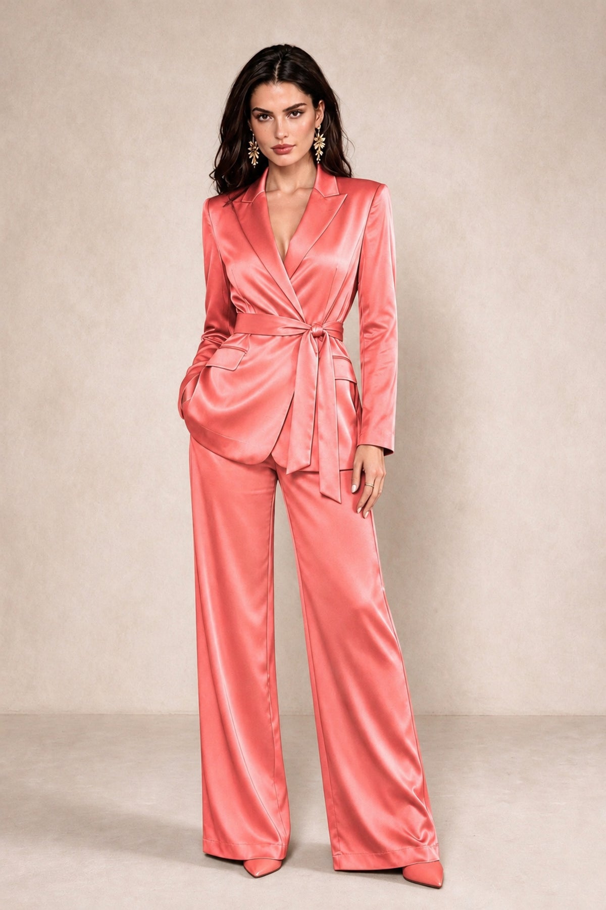 BOLODOO Coral Satin Wrap Blazer Wide-Leg Pants Two-Piece Suit Set – Evening Gala Wedding Guest - Coral - Coral_1