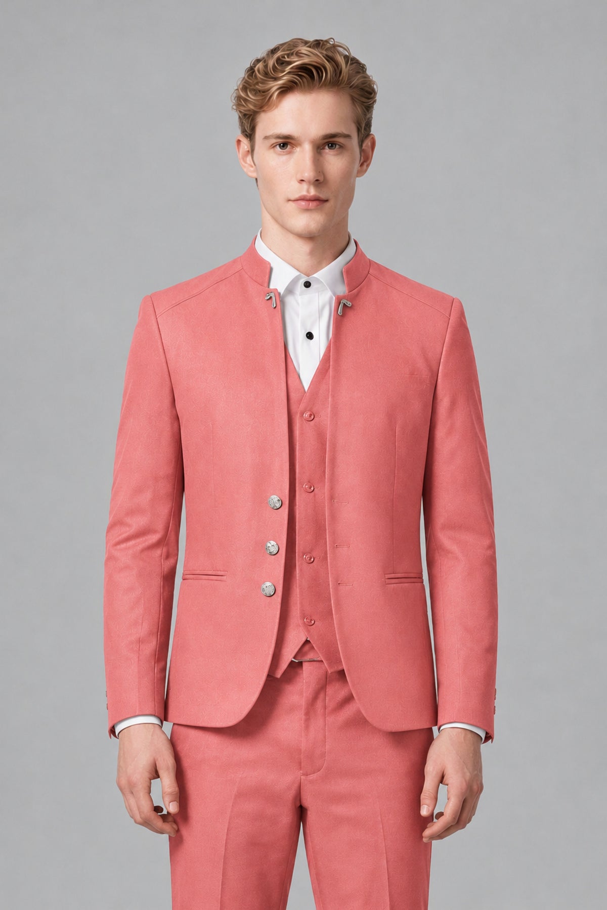 Bolodoo Men's Coral Mandarin Collar 3-Piece Suit – Jacket, Vest & Trousers - Coral - Coral_1