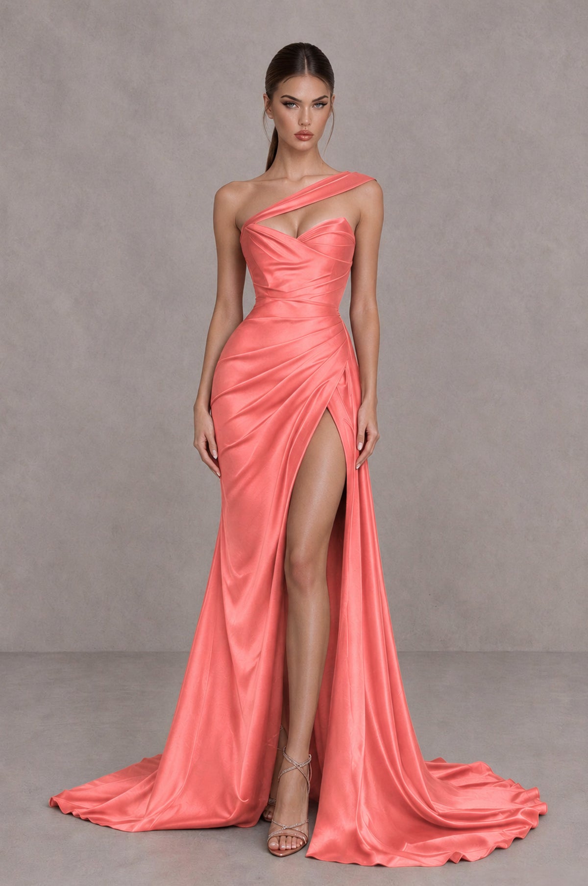 BOLODOO Coral One Shoulder Satin Mermaid Evening Dress with Ruched Slit Skirt - Coral - Coral_1
