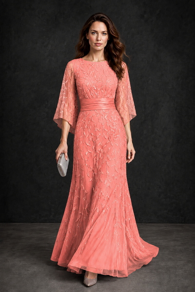 BOLODOO Coral Bateau Neck Bell Sleeve Sequin Embroidered Satin Waist A-Line Maxi Dress - Coral - Coral_1