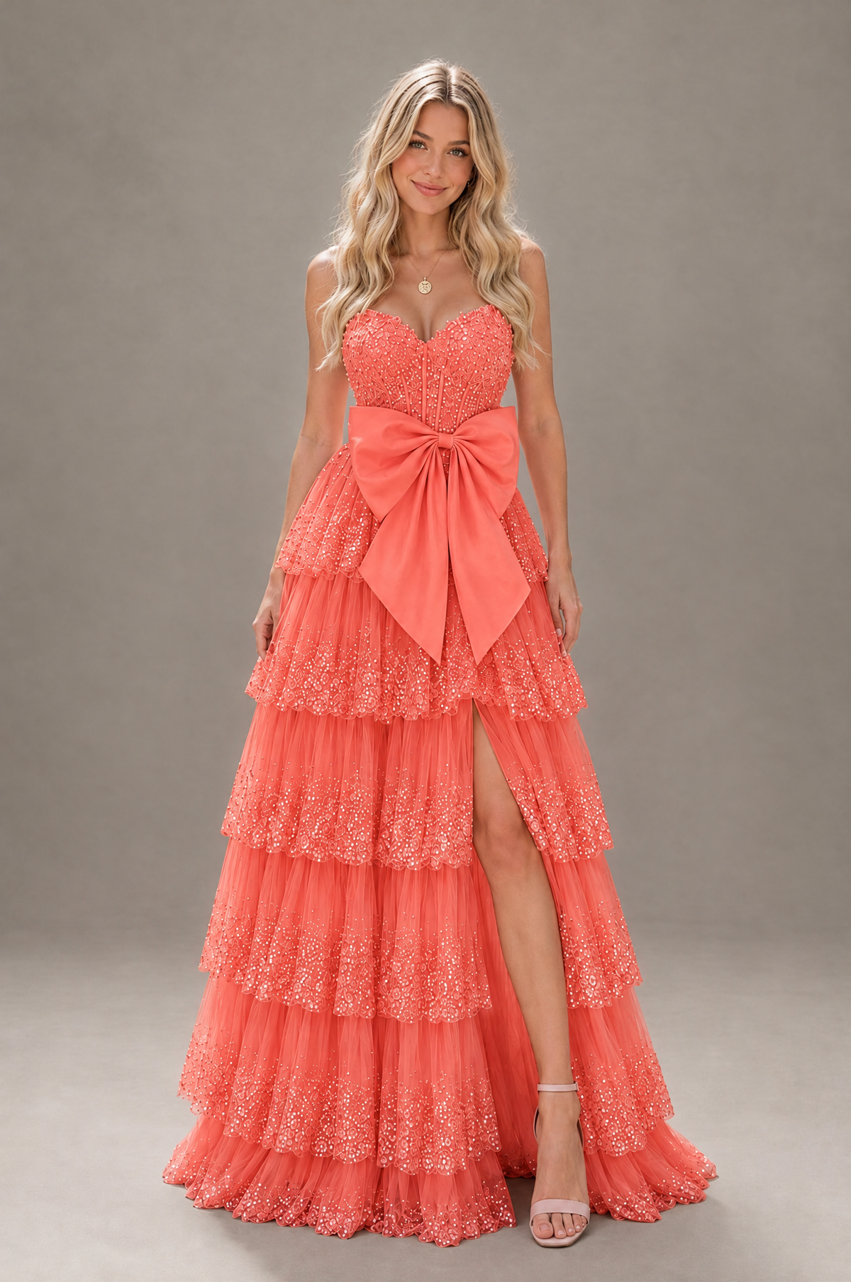 BOLODOO Coral Strapless Tiered Tulle Prom Dress with Bow - Coral - Coral_1