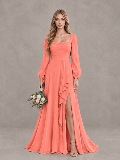BOLODOO Coral Square Neck Long Sleeve Bridesmaid Dress with Ruffle Slit - Coral - Coral_1