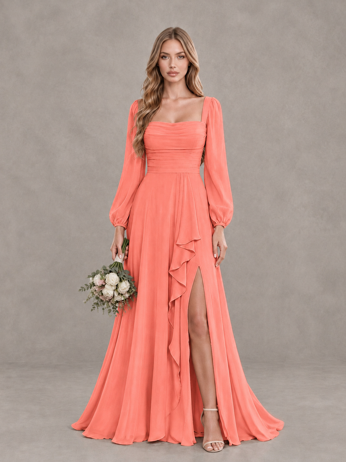 BOLODOO Coral Square Neck Long Sleeve Bridesmaid Dress with Ruffle Slit - Coral - Coral_1