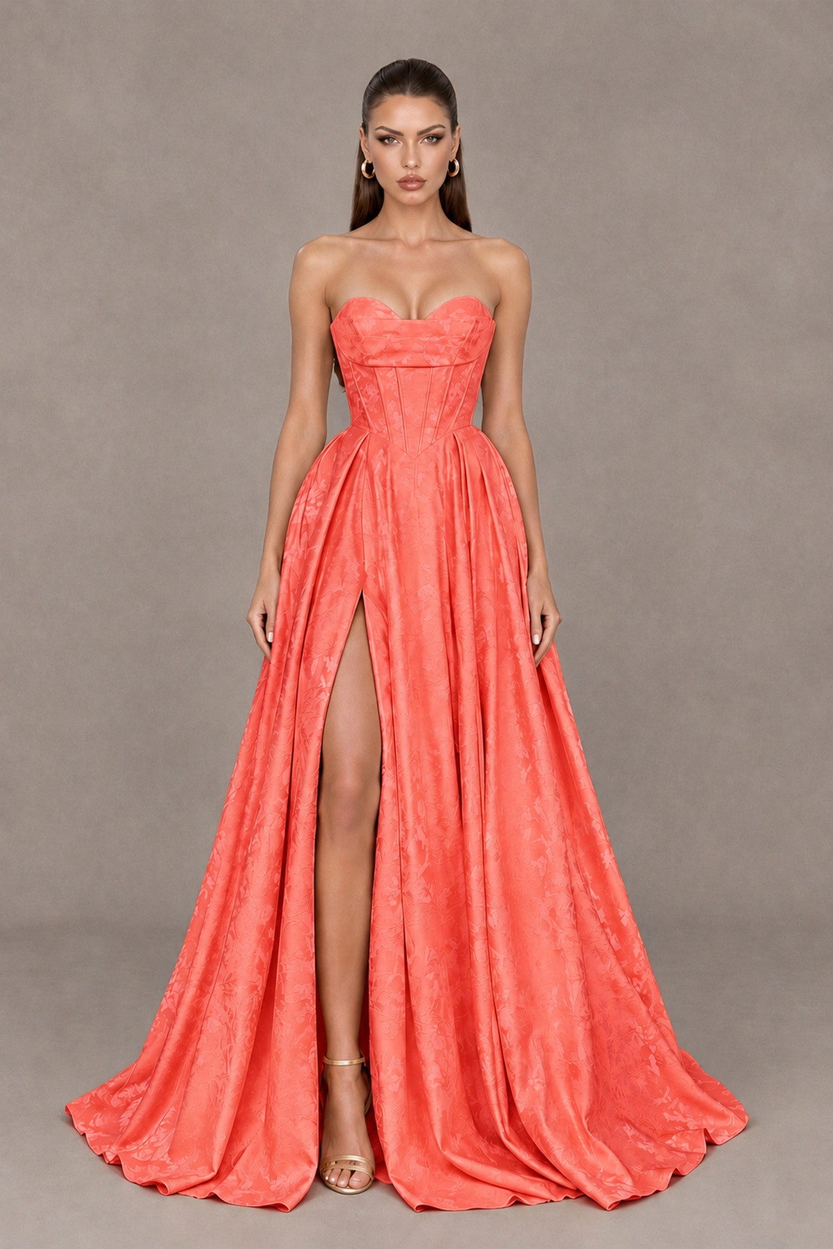 BOLODOO Coral Strapless Sweetheart Corset Prom Dress with High Slit – Lace-Up Back A-Line Evening Gown - Coral - Coral_1