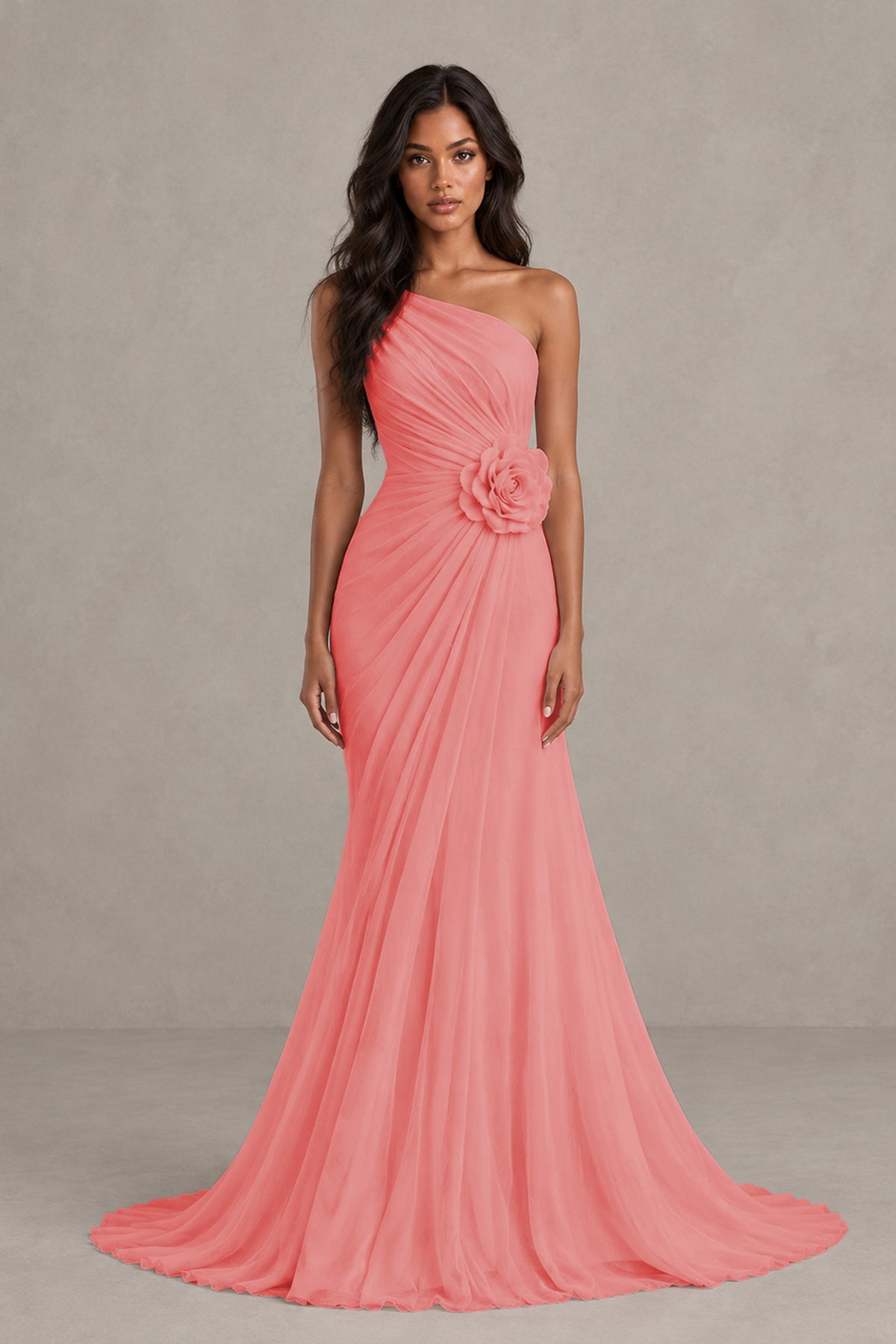 BOLODOO Coral One-Shoulder Floral Ruched Maxi Dress - Coral