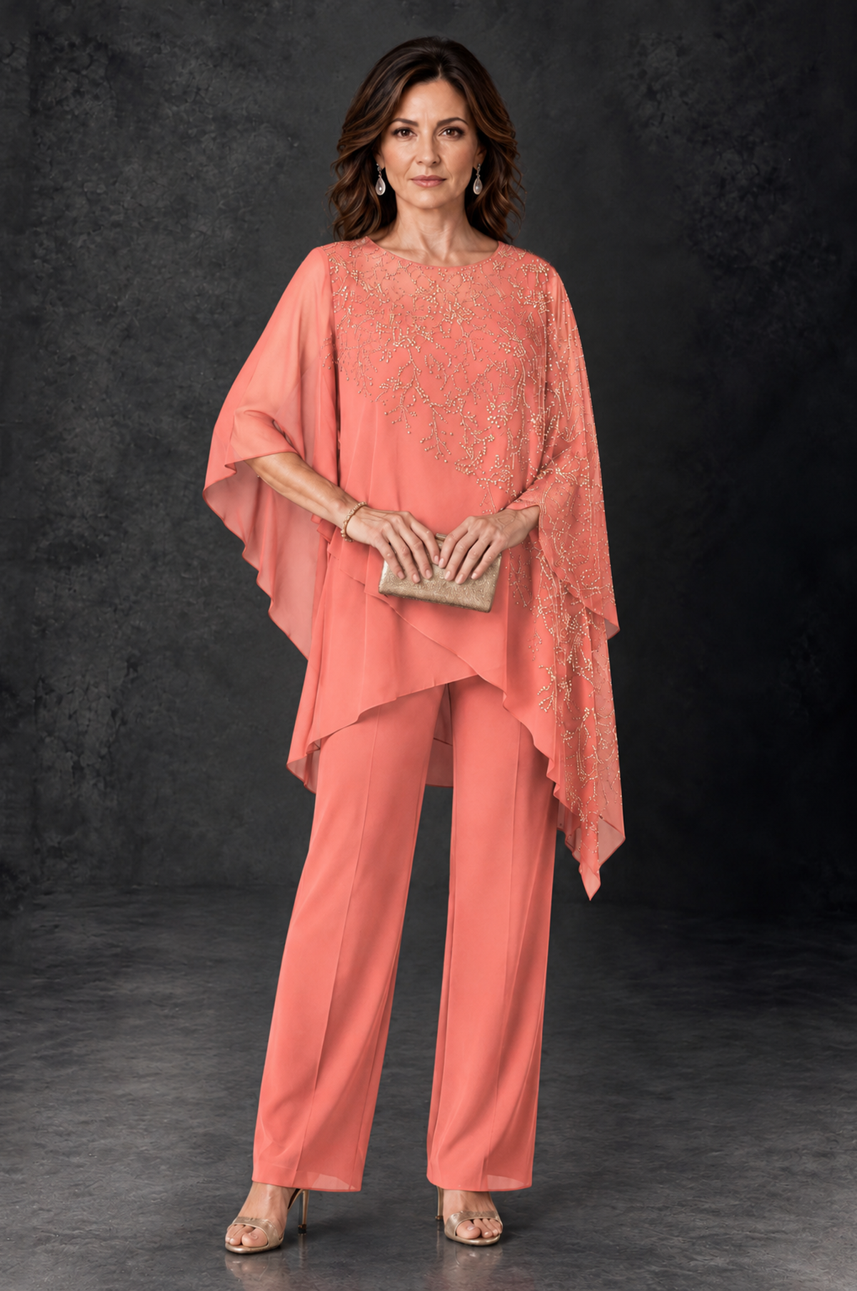 BOLODOO Coral Embellished Cape Pant Suit for Mother of the Bride - Coral - Coral_1
