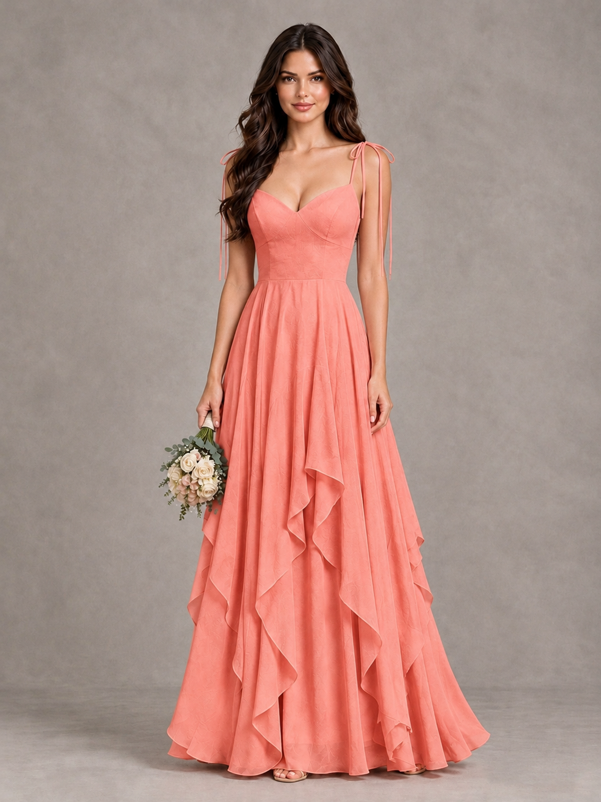 BOLODOO Coral Tie-Strap Ruffle A-Line Bridesmaid Dress - Coral - Coral_1