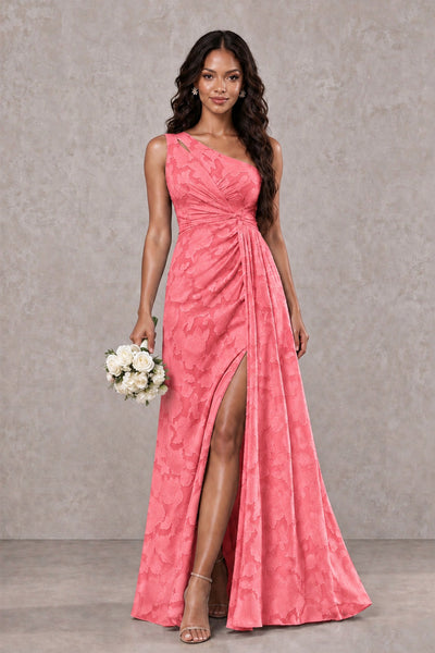 BOLODOO Coral One-Shoulder Floral Textured Maxi Dress with High Slit - Coral - Coral_1