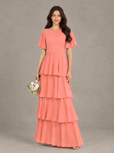 BOLODOO Coral Tiered Flutter Sleeve Bridesmaid Dress - Coral - Coral_1