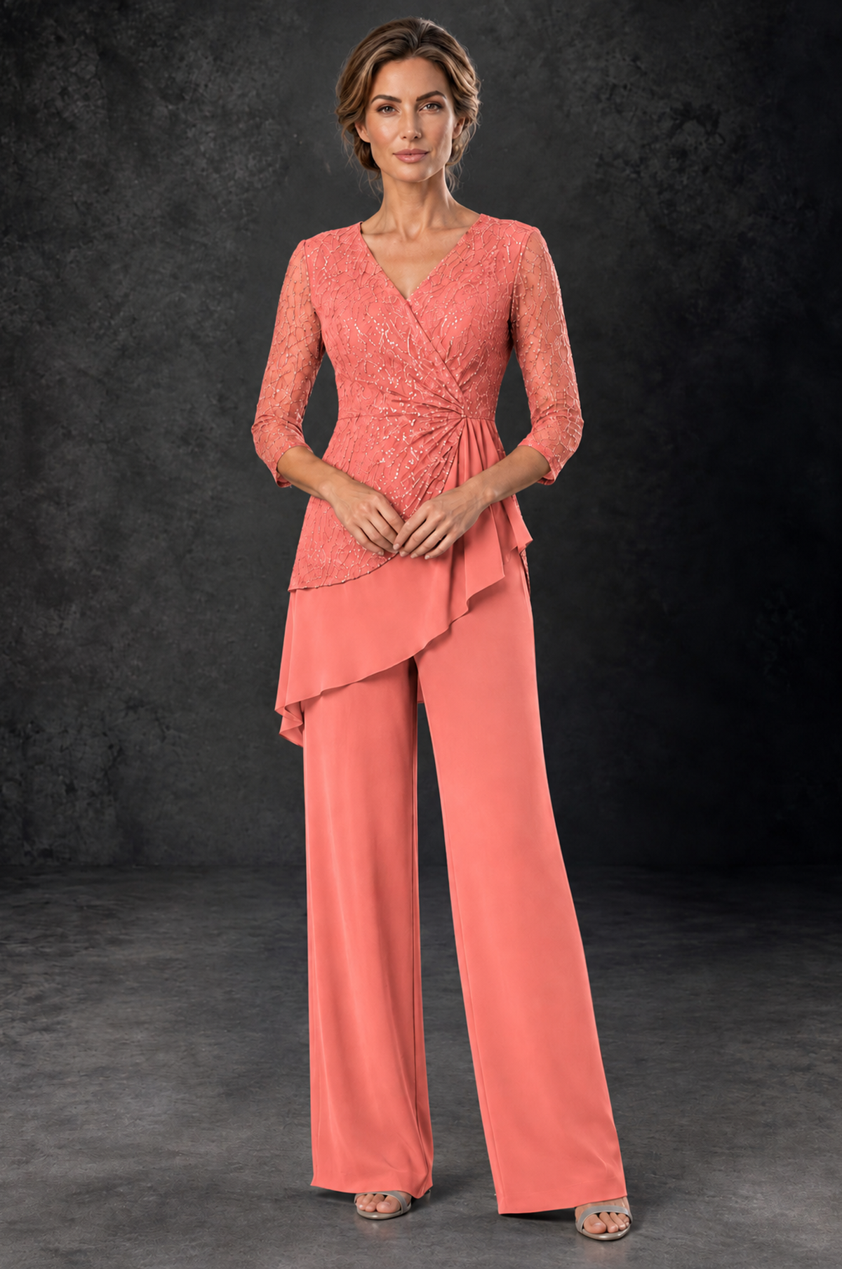 BOLODOO Coral Sequin Lace 3/4 Sleeve Chiffon Mother of the Bride Pant Suit - Coral - Coral_1
