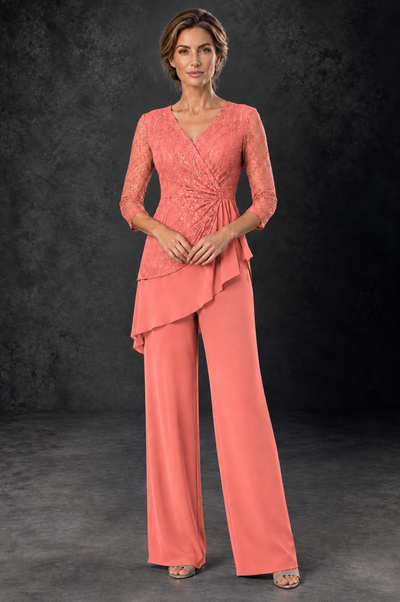 BOLODOO Coral Sequin Lace 3/4 Sleeve Chiffon Mother of the Bride Pant Suit - Coral - Coral_1