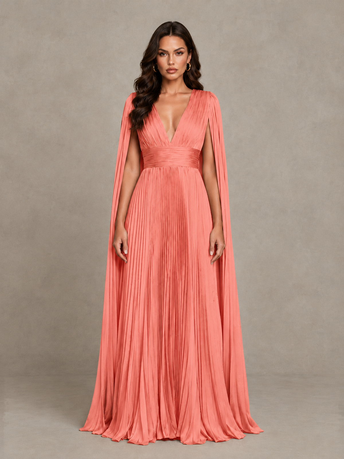 BOLODOO Coral Deep V-Neck Pleated Cape Sleeve Evening Gown - Coral - Coral_1
