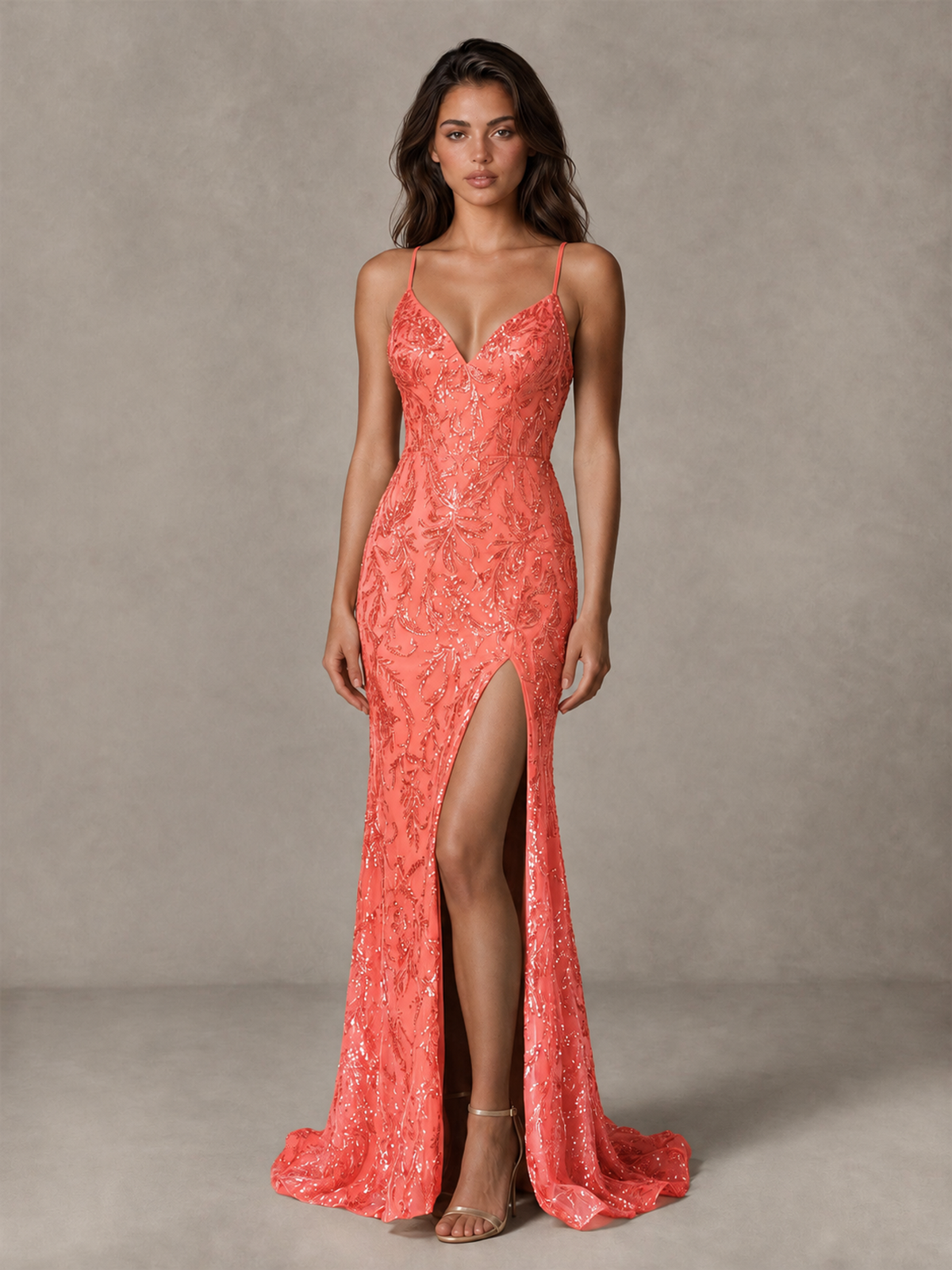BOLODOO Coral Sequin Prom Dress with Lace-Up Back and High Slit - Coral - Coral_1