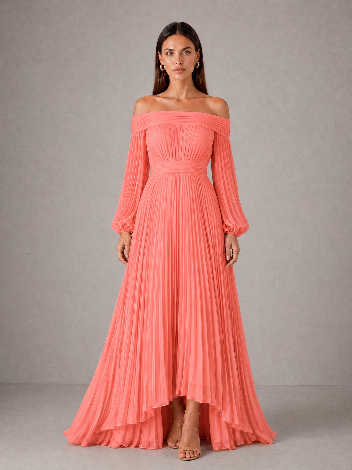 BOLODOO Coral Off-Shoulder Long Sleeve Pleated High-Low Dress - Coral - Coral_1