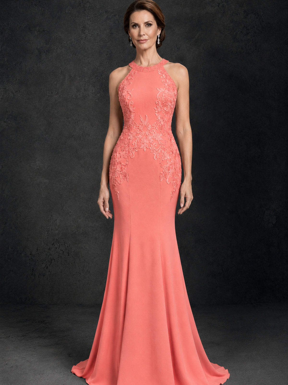 BOLODOO Coral Lace Applique Halter Neck Sheer Back Mermaid Maxi Dress with Sweep Train - Coral
