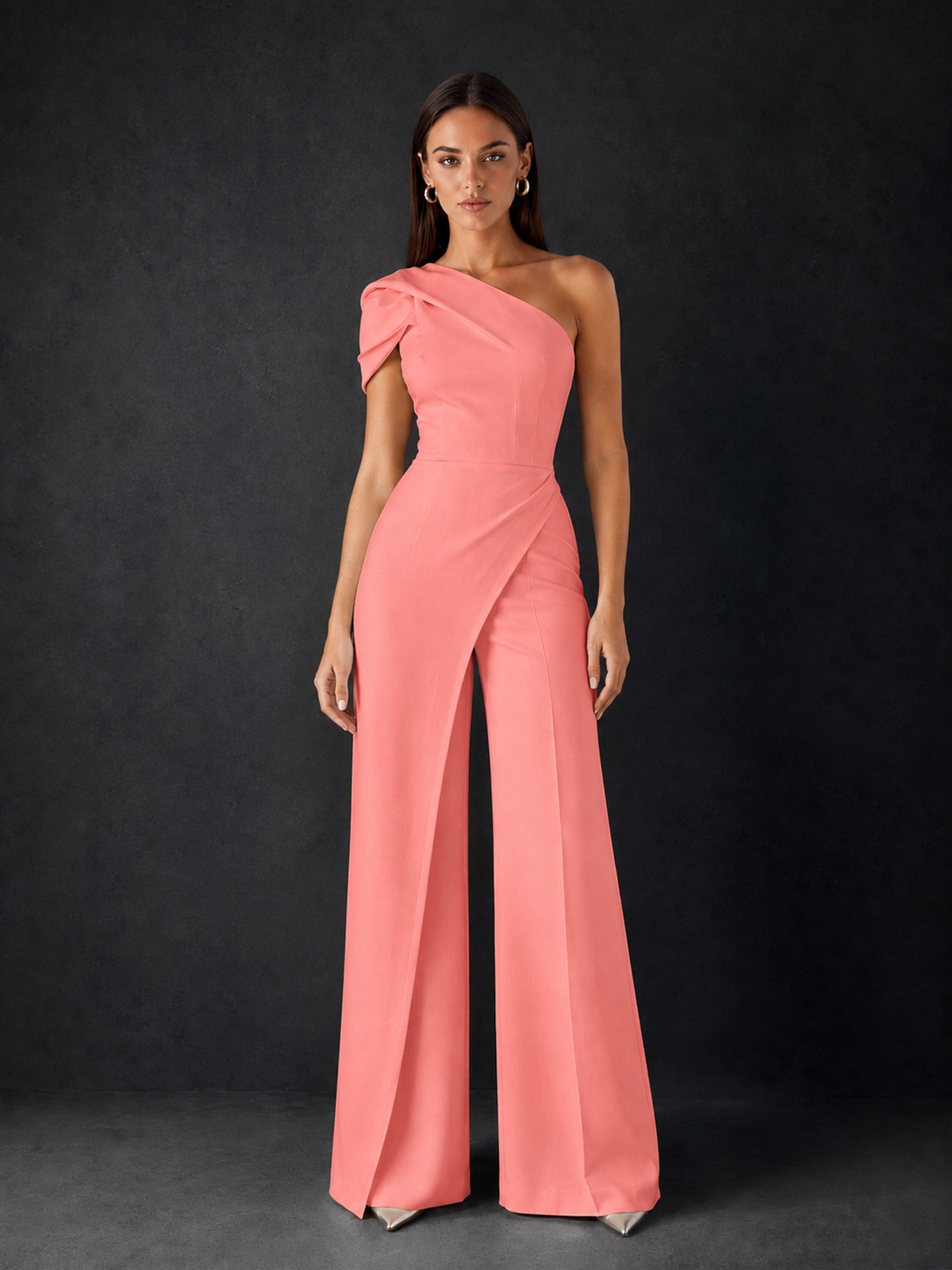 BOLODOO Coral One-Shoulder Puff Sleeve Wide-Leg Jumpsuit with Front Slit and Open Back - Coral