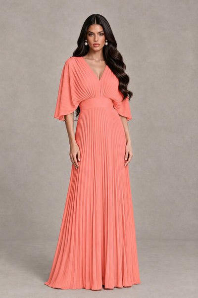 BOLODOO Coral V-Neck Pleated Flutter Sleeve Formal Dress - Coral - Coral_1