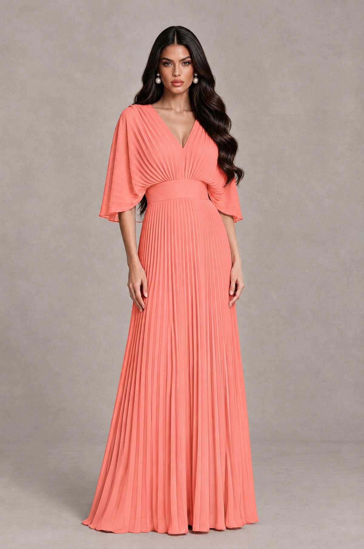 BOLODOO Coral V-Neck Pleated Flutter Sleeve Formal Dress - Coral - Coral_1