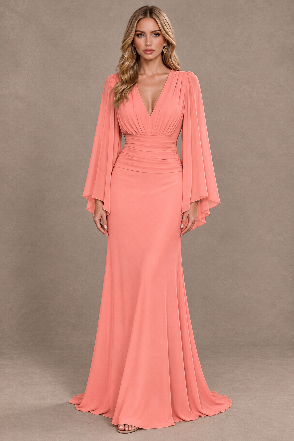 BOLODOO Coral Cape Sleeve V-Neck Ruched Chiffon Evening Dress - Coral - Coral_1