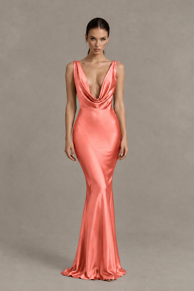 BOLODOO Coral Cowl Neck Backless Satin Mermaid Evening Dress - Coral - Coral_1