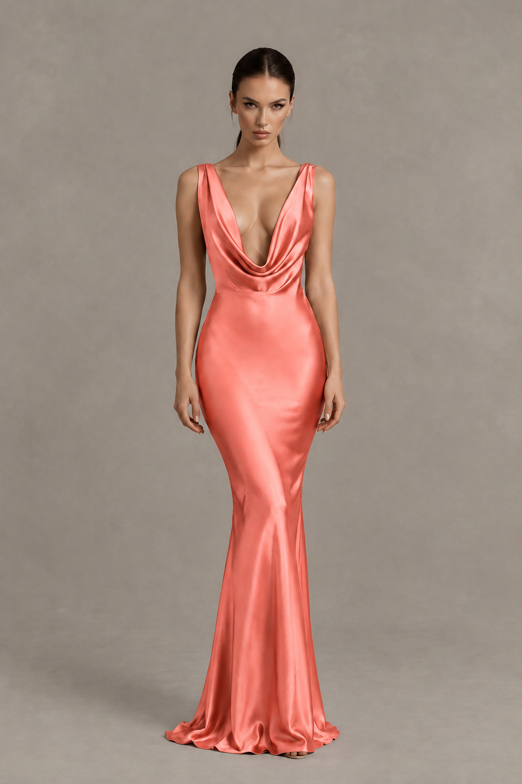 BOLODOO Coral Cowl Neck Backless Satin Mermaid Evening Dress - Coral - Coral_1