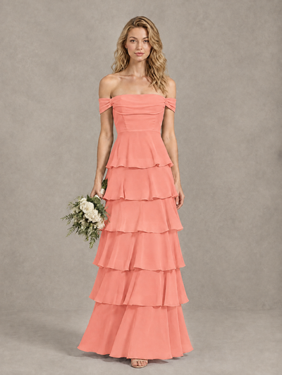 BOLODOO Coral Off-Shoulder Tiered Ruffle Bridesmaid Dress with Lace-Up Back - Coral - Coral_1