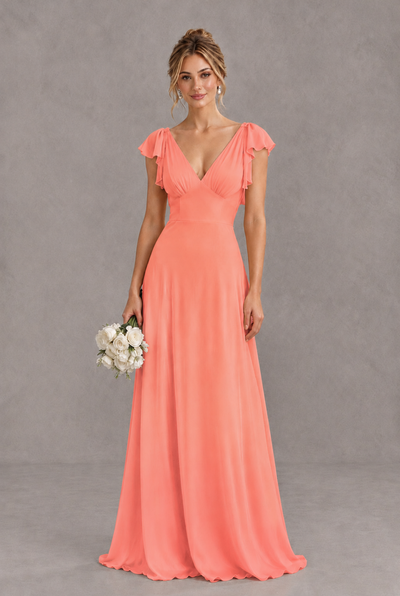 BOLODOO Coral V-Neck Flutter Sleeve A-Line Bridesmaid Dress - Coral - Coral_1