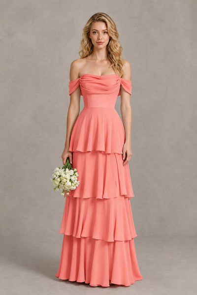 BOLODOO Coral Off-the-Shoulder Tiered A-Line Evening Bridesmaid Dress - Coral - Coral_1