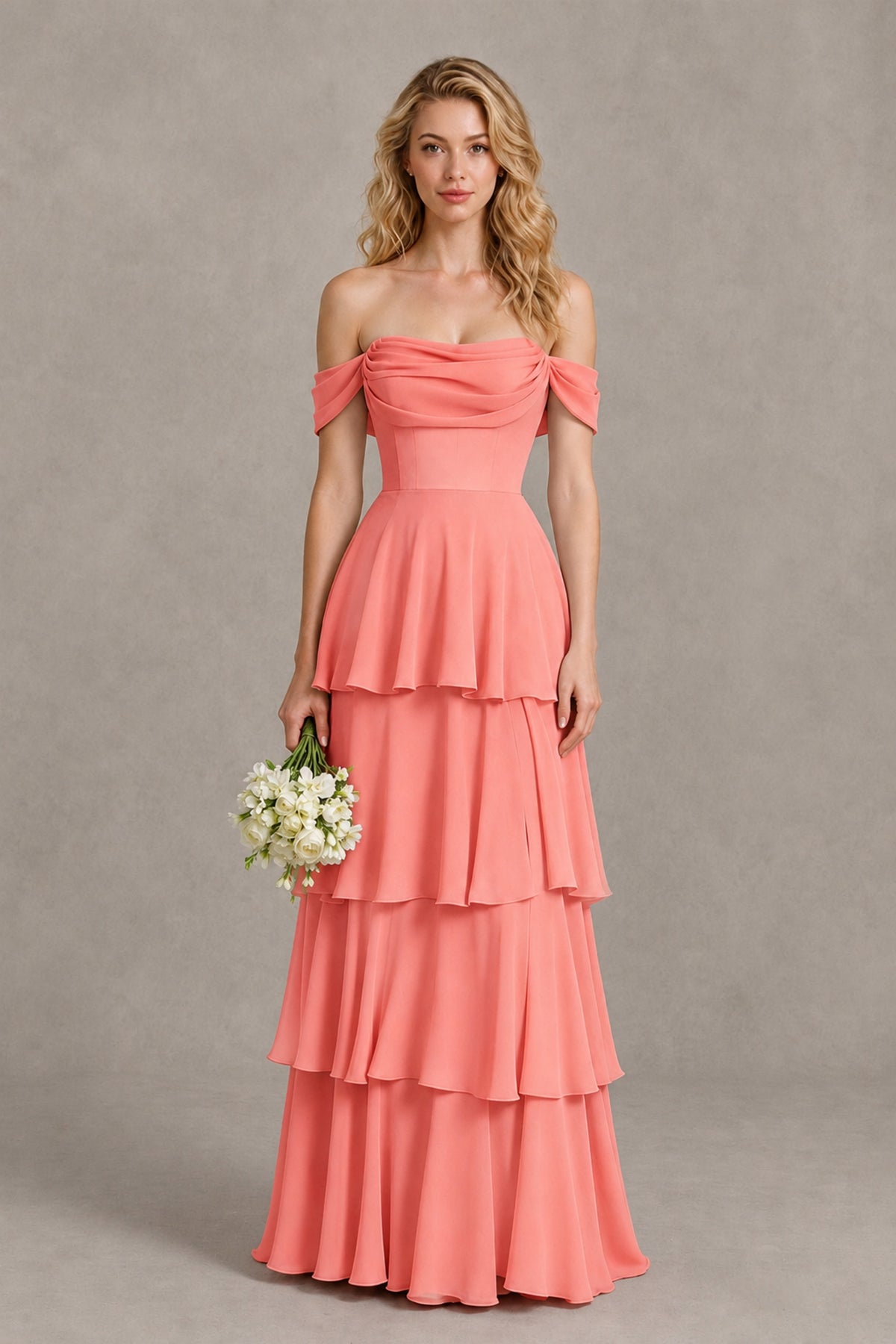 BOLODOO Coral Off-the-Shoulder Tiered A-Line Evening Bridesmaid Dress - Coral - Coral_1